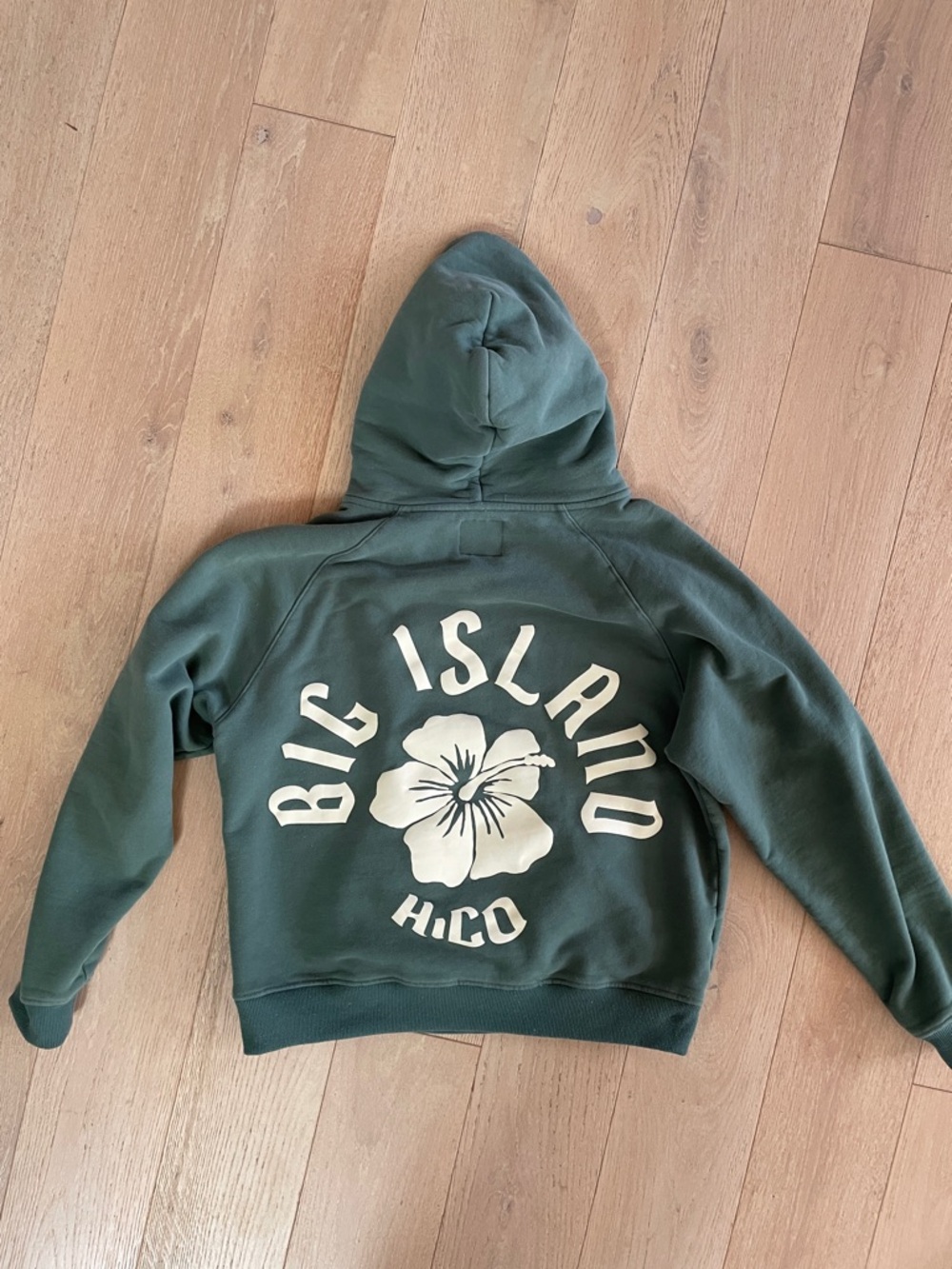 CoffeeShop Olive Green Pullover Hoodie with Cream Hibiscus Graphic